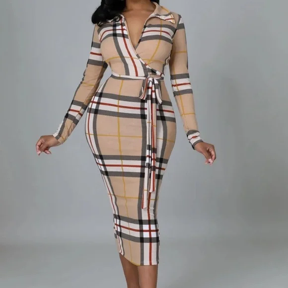 Plaid Long Sleeve Slim Fitted Belted Dress NWOT - Picture 7 of 9